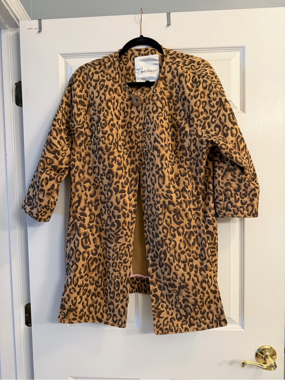 Signature Single-Button Leopard Print Pea Coat - Camel/Brown 3/4 sleeve